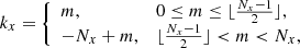 $$ \begin{aligned} k_x&= {\left\{ \begin{array}{ll} m,&0 \le m \le \lfloor {\frac{N_x - 1}{2}}\rfloor , \\ -N_x + m,&\lfloor {\frac{N_x - 1}{2}}\rfloor < m < N_x, \end{array}\right.} \end{aligned} $$