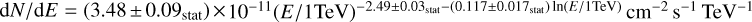 ${{{\rm{d}}N} \mathord{\left/ {\vphantom {{{\rm{d}}N} {{\rm{d}}E}}} \right. \kern-\nulldelimiterspace} {{\rm{d}}E}} = {\left( {3.48 \pm 0.09} \right)_{{\rm{stat}}}}{\rm{)}} \times {\rm{1}}{{\rm{0}}^{{\rm{ - 11}}}}{\left( {{E \mathord{\left/ {\vphantom {E {1{\rm{TeV}}}}} \right. \kern-\nulldelimiterspace} {1{\rm{TeV}}}}} \right)^{ - 2.49 \pm {{0.03}_{{\rm{stat}}}}}} - \left( {0.117 \pm {{0.017}_{{\rm{stat}}}}} \right)\ln \left( {{E \mathord{\left/ {\vphantom {E {1{\rm{TeV}}}}} \right. \kern-\nulldelimiterspace} {1{\rm{TeV}}}}} \right){\rm{c}}{{\rm{m}}^{ - 2}}{{\rm{s}}^{{\rm{ - 1}}}}{\rm{Te}}{{\rm{V}}^{{\rm{ - 1}}}}$