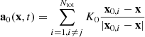 $$ \begin{aligned}&\mathbf{a}_{0}(\mathbf{x}, t) = \sum _{i=1, i\ne j}^{N_{\rm tot}} K_{0} \frac{\mathbf{x}_{0,i} - \mathbf{x}}{|\mathbf{x}_{0,i} - \mathbf{x}|} \end{aligned} $$