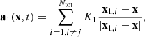 $$ \begin{aligned} &\mathbf{a}_{1}(\mathbf{x}, t) = \sum _{i=1, i\ne j}^{N_{\rm tot}} K_{1}\frac{\mathbf{x}_{1,i} - \mathbf{x}}{|\mathbf{x}_{1,i} - \mathbf{x}|} , \end{aligned} $$