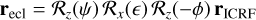 ${{\bf{r}}_{{\rm{ecl}}}}{\rm{ = }}{R_z}\left( \psi \right){R_x}\left( \in \right){R_z}\left( { - \phi } \right){{\bf{r}}_{{\rm{ICRF}}}}$