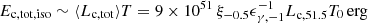 $ E_{\mathrm{c,tot,iso}}\sim \langle L_{\mathrm{c,tot}}\rangle T = 9\times 10^{51}\,\xi_{-0.5}\epsilon_{\gamma,-1}^{-1}L_{\mathrm{c,51.5}}T_0\,\mathrm{erg} $