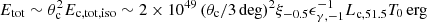 $ E_{\mathrm{tot}}\sim \theta_{\mathrm{c}}^2 E_{\mathrm{c,tot,iso}} \sim 2\times 10^{49}\, (\theta_{\mathrm{c}}/\mathrm{3\,\mathrm{deg}})^2\xi_{-0.5}\epsilon_{\gamma,-1}^{-1}L_{\mathrm{c,51.5}}T_0\,\mathrm{erg} $