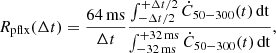$$ \begin{aligned} R_{\rm pflx}(\Delta t)=\frac{64\,\mathrm{ms} }{\Delta t}\frac{\int _{-\Delta t/2}^{+\Delta t/2}\dot{C}_{50-300}(t)\,\mathrm{dt} }{\int _{-32\,\mathrm{ms} }^{+32\,\mathrm{ms} }\dot{C}_{50-300}(t)\,\mathrm{dt} }, \end{aligned} $$