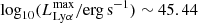 $ \log_{10}(L_{\mathrm{Ly}\alpha}^\mathrm{max} / \mathrm{erg\,s}^{-1})\sim45.44 $
