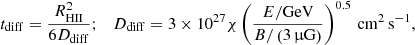 $$ \begin{aligned} t_{\rm diff} = \frac{R_{\rm HII}^2}{6D_{\rm diff}}; \quad D_{\rm diff} = 3\times 10^{27} \chi \left(\frac{E/\mathrm{GeV}}{B/\left(3\,\mathrm{\upmu G}\right)}\right)^{0.5}\,\mathrm{cm^2\,s^{-1}}, \end{aligned} $$