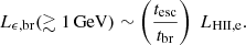 $$ \begin{aligned} L_{\rm \epsilon ,br}(\gtrsim 1\,\mathrm{GeV}) \sim \left(\frac{t_{\rm esc}}{t_{\rm br}}\right)\;L_{\rm HII,e}. \end{aligned} $$