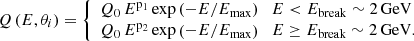 $$ \begin{aligned} Q\left(E,\theta _i \right) = \left\{ \begin{array}{l} Q_0\,E^\mathrm{p_1} \exp {\left(-E/E_{\rm max}\right)} \quad E < E_{\rm break} \sim 2\,\mathrm{GeV} \\ Q_0\,E^\mathrm{p_2} \exp {\left(-E/E_{\rm max}\right)} \quad E \ge E_{\rm break} \sim 2\,\mathrm{GeV}. \end{array}\right. \end{aligned} $$