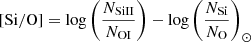 $$ \begin{aligned} \mathrm{[Si/O]}&= \log \left( \frac{N_{\mathrm{SiII} }}{N_{\mathrm{OI} }} \right) - \log \left( \frac{N_{\mathrm{Si} }}{ N_{\mathrm{O} }} \right)_{\odot }\end{aligned} $$