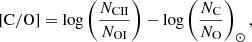 $$ \begin{aligned} \mathrm{[C/O]}&= \log \left(\frac{N_{\mathrm{CII} }}{N_{\mathrm{OI} }}\right) - \log \left( \dfrac{N_{\mathrm{C} }}{ N_{\mathrm{O} }} \right)_{\odot }, \end{aligned} $$