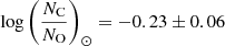 $ \log \left( \frac{N_{\mathrm{C}}} { N_{\mathrm{O}}}\right)_{\odot} = -0.23\pm0.06 $