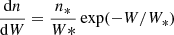 $$ \begin{aligned} \frac{\mathrm{d}n}{\mathrm{d}W}= \frac{n_*}{W*}\exp (-W /W_* ) \end{aligned} $$