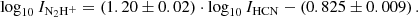 $$ \begin{aligned} \mathrm{log} _{10} \,I_{\mathrm{N}_2\mathrm{H}^+} = \left(1.20\pm 0.02 \right) \cdot \mathrm{log} _{10}\, I_{\rm HCN} - \left(0.825\pm 0.009 \right). \end{aligned} $$
