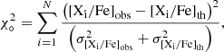 $$ \begin{aligned} \chi ^2_\circ =\sum ^N_{i=1} \dfrac{\left(\mathrm{[X_i/Fe]}_{\rm obs}-\mathrm{[X_i/Fe]}_{\rm th}\right)^2}{\left(\sigma ^2_{\mathrm{[X_i/Fe]}_{\rm obs}}+\sigma ^2_{\mathrm{[X_i/Fe]}_{\rm th}}\right)}, \end{aligned} $$