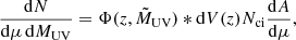 $$ \begin{aligned} \frac{\mathrm{d}N}{\mathrm{d}\mu \, \mathrm{d}M_{\rm UV}} = \Phi (z,\tilde{M}_{\rm UV})*\mathrm{d}V(z)N_{\rm ci}\frac{\mathrm{d}A}{\mathrm{d}\mu }, \end{aligned} $$