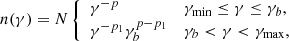 $$ \begin{aligned} n(\gamma )= N \left\{ \begin{array}{ll} \gamma ^{-p}&\gamma _{\min }\le \gamma \le \gamma _{b}, \\ \gamma ^{-p_1}\gamma _{b}^{p-p_1}&\gamma _{b}<\gamma < \gamma _{\max }, \end{array} \right. \end{aligned} $$