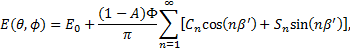Mathematical equation: $E(\theta ,\phi ) = {E_0} + {{(1 - A)\Phi } \over \pi }\sum\limits_{n = 1}^\infty {\left[ {{C_n}\cos \left( {n\beta '} \right) + {S_n}\sin \left( {n\beta '} \right)} \right]} ,$
