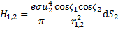 Mathematical equation: ${H_{1,2}} = {{e\sigma u_2^4} \over \pi }{{\cos {\zeta _1}\cos {\zeta _2}} \over {r_{1,2}^2}}{\rm{d}}{S_2}$