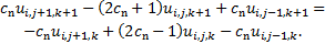 Mathematical equation: $\matrix{ \hfill {{c_{\rm{n}}}{u_{i,j + 1,k + 1}} - \left( {2{c_{\rm{n}}} + 1} \right){u_{i,j,k + 1}} + {c_{\rm{n}}}{u_{i,j - 1,k + 1}} = } \cr \hfill { - {c_{\rm{n}}}{u_{i,j + 1,k}} + \left( {2{c_{\rm{n}}} - 1} \right){u_{i,j,k}} - {c_{\rm{n}}}{u_{i,j - 1,k}}.} \cr } $