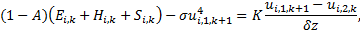 Mathematical equation: $(1 - A)\left( {{E_{i,k}} + {H_{i,k}} + {S_{i,k}}} \right) - \sigma u_{i,1,k + 1}^4 = K{{{u_{i,1,k + 1}} - {u_{i,2,k}}} \over {\delta z}},$