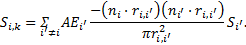Mathematical equation: ${S_{i,k}} = \mathop {\mathop \sum \nolimits^ }\limits_{i' \ne i} A{E_{i'}}{{ - \left( {{n_i} \cdot {r_{i,i'}}} \right)\left( {{n_{i'}} \cdot {r_{i,i'}}} \right)} \over {\pi r_{i,i'}^2}}{S_{i'}}.$