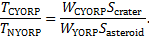 Mathematical equation: ${{{T_{{\rm{CYORP}}}}} \over {{T_{{\rm{NYORP}}}}}} = {{{W_{{\rm{CYORP}}}}{S_{{\rm{crater }}}}} \over {{W_{{\rm{YORP}}}}{S_{{\rm{asteroid }}}}}}.$