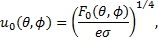 Mathematical equation: ${u_0}(\theta ,\phi ) = {\left( {{{{F_0}(\theta ,\phi )} \over {e\sigma }}} \right)^{1/4}},$