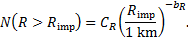Mathematical equation: $N\left( {R > {R_{{\rm{imp}}}}} \right) = {C_R}{\left( {{{{R_{{\rm{imp}}}}} \over {1{\rm{km}}}}} \right)^{ - {b_R}}}.$