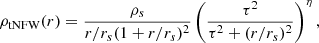 $$ \begin{aligned} \rho _{\rm tNFW}(r) = \frac{\rho _{s}}{r/r_s(1+r/r_s)^2} \left( \frac{\tau ^2}{\tau ^2+(r/r_s)^2}\right)^{\eta }, \end{aligned} $$