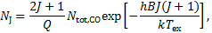 ${N_{\rm{J}}} = {{2J + 1} \over Q}{N_{{\rm{tot}},{\rm{CO}}}}\exp \left[ { - {{hBJ(J + 1)} \over {k{T_{{\rm{ex}}}}}}} \right]{\rm{,}}$