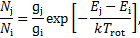 ${{{N_{\rm{j}}}} \over {{N_{\rm{i}}}}} = {{{_{\rm{j}}}} \over {{_{\rm{i}}}}}\exp \left[ { - {{{E_{\rm{j}}} - {E_{\rm{i}}}} \over {k{T_{{\rm{rot}}}}}}} \right],$