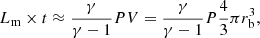 $$ \begin{aligned} L_{\rm m}\times t \approx \frac{\gamma }{\gamma -1}PV=\frac{\gamma }{\gamma -1}P\frac{4}{3}\pi r_{\rm b}^3, \end{aligned} $$