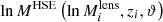 Mathematical equation: $ \ln M^{\mathrm{HSE}}\left( \ln M^{\mathrm{lens}}_{i}, z_{i}, \vartheta\right) $