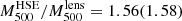 Mathematical equation: $ M^{\mathrm{HSE}}_{500}/M^{\mathrm{lens}}_{500} =1.56 (1.58) $