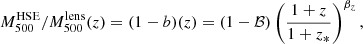 Mathematical equation: $$ \begin{aligned} M_{500}^{\mathrm{HSE} }/M_{500}^{\mathrm{lens} } (z) = (1-b) (z) = (1-\mathcal{B} )\left(\frac{1+z}{1+z_{*}}\right) ^{\beta _{z}}, \end{aligned} $$