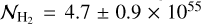 Mathematical equation: ${{\cal N}_{{{\rm{H}}_2}}} = 4.7 \pm 0.9 \times {10^{55}}{\rm{ }}$