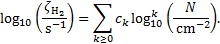 ${\log _{10}}\left( {{{{\zeta _{{{\rm{H}}_2}}}} \over {{{\rm{s}}^{ - 1}}}}} \right) = \mathop \sum \limits_{k \ge 0} {c_k}\log _{10}^k\left( {{N \over {{\rm{c}}{{\rm{m}}^{ - 2}}}}} \right).$