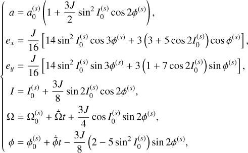 $\left\{ {\matrix{ {a = a_0^{(s)}\left( {1 + {{3J} \over 2}{{\sin }^2}I_0^{(s)}\cos 2{\phi ^{(s)}}} \right),} \hfill \cr {{e_x} = {J \over {16}}\left[ {14{{\sin }^2}I_0^{(s)}\cos 3{\phi ^{(s)}} + 3\left( {3 + 5\cos 2I_0^{(s)}} \right)\cos {\phi ^{(s)}}} \right],} \hfill \cr {{e_y} = {J \over {16}}\left[ {14{{\sin }^2}I_0^{(s)}\sin 3{\phi ^{(s)}} + 3\left( {1 + 7\cos 2I_0^{(s)}} \right)\sin {\phi ^{(s)}}} \right],} \hfill \cr {I = I_0^{(s)} + {{3J} \over 8}\sin 2I_0^{(s)}\cos 2{\phi ^{(s)}},} \hfill \cr {\Omega = \Omega _0^{(s)} + \dot \bar \Omega t + {{3J} \over 4}\cos I_0^{(s)}\sin 2{\phi ^{(s)}},} \hfill \cr {\phi = \phi _0^{(s)} + \dot \bar \phi t - {{3J} \over 8}\left( {2 - 5{{\sin }^2}I_0^{(s)}} \right)\sin 2{\phi ^{(s)}},} \hfill \cr } } \right.$
