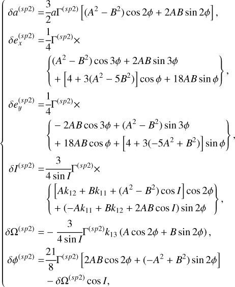 $\left\{ \matrix{ \delta {a^{(sp2)}} = {3 \over 2}a{\Gamma ^{(sp2)}}\left[ {\left( {{A^2} - {B^2}} \right)\cos 2\phi + 2AB\sin 2\phi } \right], \hfill \cr \delta e_x^{(sp2)} = {1 \over 4}{\Gamma ^{(sp2)}} \times \hfill \cr \,\,\,\,\,\,\,\,\,\,\,\,\,\,\,\,\,\,\,\,\,\,\,\,\,\left\{ {\matrix{ {\left( {{A^2} - {B^2}} \right)\cos 3\phi + 2AB\sin 3\phi } \hfill \cr { + \left[ {4 + 3\left( {{A^2} - 5{B^2}} \right)} \right]\cos \phi + 18AB\sin \phi } \hfill \cr } } \right\}, \hfill \cr \delta e_y^{(sp2)} = {1 \over 4}{\Gamma ^{(sp2)}} \times \hfill \cr \,\,\,\,\,\,\,\,\,\,\,\,\,\,\,\,\,\,\,\,\,\,\,\,\,\,\left\{ {\matrix{ { - 2AB\cos 3\phi + \left( {{A^2} - {B^2}} \right)\sin 3\phi } \hfill \cr { + 18AB\cos \phi + \left[ {4 + 3\left( { - 5{A^2} + {B^2}} \right)} \right]\sin \phi } \hfill \cr } } \right\}, \hfill \cr \delta {I^{(sp2)}} = {3 \over {4\sin I}}{\Gamma ^{(sp2)}} \times \hfill \cr \,\,\,\,\,\,\,\,\,\,\,\,\,\,\,\,\,\,\,\,\,\,\,\,\,\,\,\left\{ {\matrix{ {\left[ {A{k_{12}} + B{k_{11}} + \left( {{A^2} - {B^2}} \right)\cos I} \right]\cos 2\phi } \hfill \cr { + \left( { - A{k_{11}} + B{k_{12}} + 2AB\cos I} \right)\sin 2\phi } \hfill \cr } } \right\}, \hfill \cr \delta {\Omega ^{(sp2)}} = - {3 \over {4\sin I}}{\Gamma ^{(sp2)}}{k_{13}}(A\cos 2\phi + B\sin 2\phi ), \hfill \cr \delta {\phi ^{(sp2)}} = {{21} \over 8}{\Gamma ^{(sp2)}}\left[ {2AB\cos 2\phi + \left( { - {A^2} + {B^2}} \right)\sin 2\phi } \right] \hfill \cr \,\,\,\,\,\,\,\,\,\,\,\,\,\,\,\,\,\,\,\,\,\,\, - \delta {\Omega ^{(sp2)}}\cos I, \hfill \cr} \right.$