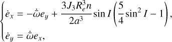 $\{ \matrix{ {{{\dot e}_x} = - \mathop {\bar \omega }\limits^ {e_y} + {{3{J_3}R_e^3n} \over {2{a^3}}}\sin I\left( {{5 \over 4}{{\sin }^2}I - 1} \right),} \hfill \cr {{{\dot e}_y} = \mathop {\bar \omega }\limits^ {e_x},} \hfill \cr } $
