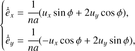$\{ \matrix{ {{{\mathop {\hat e}\limits^ }_x} = {1 \over {na}}\left( {{u_x}\sin \phi + 2{u_y}\cos \phi } \right),} \hfill \cr {{{\mathop {\hat e}\limits^ }_y} = {1 \over {na}}\left( { - {u_x}\cos \phi + 2{u_y}\sin \phi } \right),} \hfill \cr } $