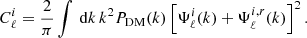 $$ \begin{aligned} C_{\ell }^i = \frac{2}{\pi } \int \, \mathrm{d}k \, k^2 P_{\mathrm{DM} }(k) \left[\Psi _{\ell }^i(k) +\Psi ^{i,r}_\ell (k)\right]^2. \end{aligned} $$
