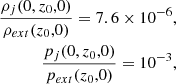 $$ \begin{aligned} \frac{\rho _{j}(0,z_0,0)}{\rho _{ext}(z_0,0)} = 7.6 \times 10^{-6},\\ \frac{p_{j}(0,z_0,0)}{p_{ext}(z_0,0)} = 10^{-3}, \end{aligned} $$