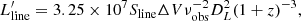 Mathematical equation: $$ \begin{aligned} L^{\prime }_{\rm line} = 3.25\times 10^7 S_{\rm line} \Delta {V} \nu _{\rm obs}^{-2} D_{L}^{2}(1+z)^{-3} , \end{aligned} $$