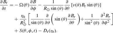 Mathematical equation: $$ \begin{aligned} \begin{aligned} \frac{\partial B_{\rm r}}{\partial t} =&- \Omega (\theta )\frac{\partial B}{\partial \phi } - \frac{1}{R_\odot \sin {(\theta )}} \frac{\partial }{\partial \theta } \left[ v(\theta ) B_{\rm r} \sin {(\theta )} \right] \\&+ \frac{\eta _h}{R_\odot ^2} \left[ \frac{1}{\sin {(\theta )}} \frac{\partial }{\partial \theta } \right( \sin {(\theta )} \frac{\partial B_r}{\partial \theta } \left) + \frac{1}{\sin ^2{(\theta )}} \frac{\partial ^2 B_r}{\partial \phi ^2} \right] \\&+ S(\theta ,\phi ,t) - D_{\rm r}(\eta _{\rm r}). \end{aligned} \end{aligned} $$