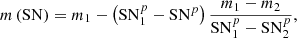 Mathematical equation: $$ \begin{aligned} m\left(\mathrm{SN} \right) = m_1 - \left(\mathrm{SN} _1^{p} - \mathrm{SN} ^{p}\right) \frac{m_1-m_2}{\mathrm{SN} _1^{p}-\mathrm{SN} _2^{p}}, \end{aligned} $$