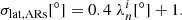 Mathematical equation: $$ \begin{aligned} \sigma _\mathrm{lat,ARs} [^\circ ] = 0.4\;\lambda ^i_n[^\circ ] + 1. \end{aligned} $$