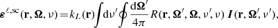 Mathematical equation: $$ \begin{aligned} \boldsymbol{\varepsilon }^{\ell ,\mathrm{sc}}(\mathbf{r },\boldsymbol{\Omega },\nu ) \!=\! k_L(\mathbf{r })\!\! \int \!\! \mathrm{d} \nu ^{\prime }\! \oint \! \frac{\mathrm{d} \boldsymbol{\Omega }^{\prime }}{4 \pi } R(\mathbf{r },\boldsymbol{\Omega }^{\prime },\boldsymbol{\Omega },\nu ^{\prime }\!,\nu ) \, \boldsymbol{I}(\mathbf{r },\boldsymbol{\Omega }^{\prime }\!,\nu ^{\prime }), \end{aligned} $$