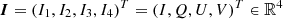 Mathematical equation: $ \boldsymbol{I}=(I_1, I_2, I_3, I_4)^T=(I,Q,U,V)^T\in \mathbb{R}^4 $