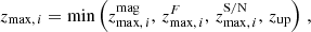 $$ \begin{aligned} z_{\mathrm{max},\,i}=\mathrm{min}\left( z_{\mathrm{max},\,i}^\mathrm{mag}, \,z_{\mathrm{max},\,i}^F, \,z_{\mathrm{max},\,i}^\mathrm{S/N},\,z_{\rm up}\right)\,, \end{aligned} $$